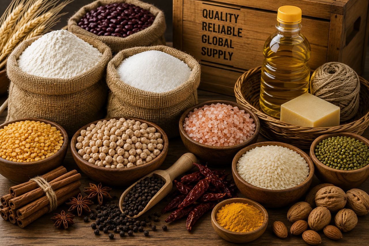 Sacks and bowls of flour, sugar, pulses, rice, spices, salt, oil and nuts on a wooden table.