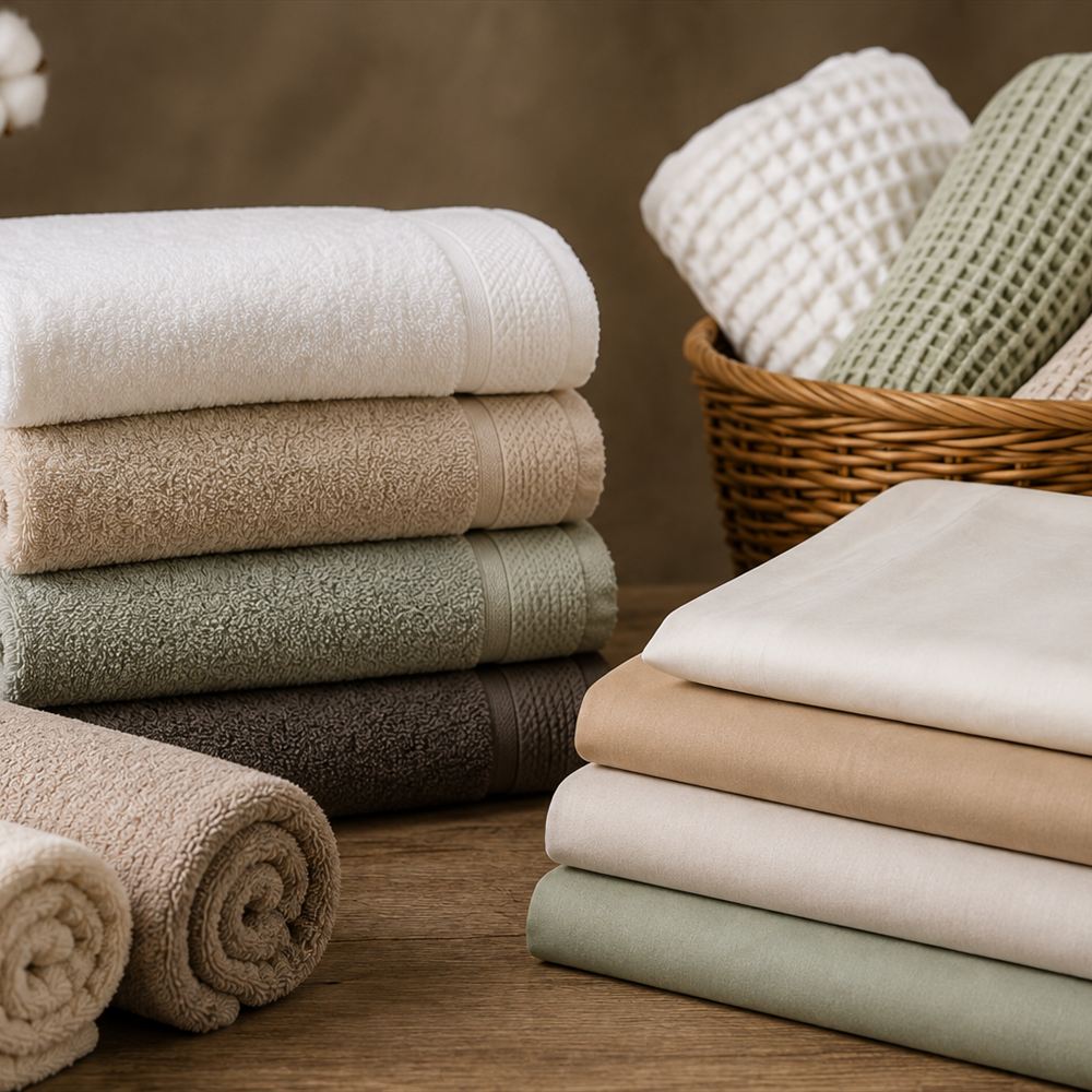 Folded cotton bath towels and waffle-weave linen in a basket.