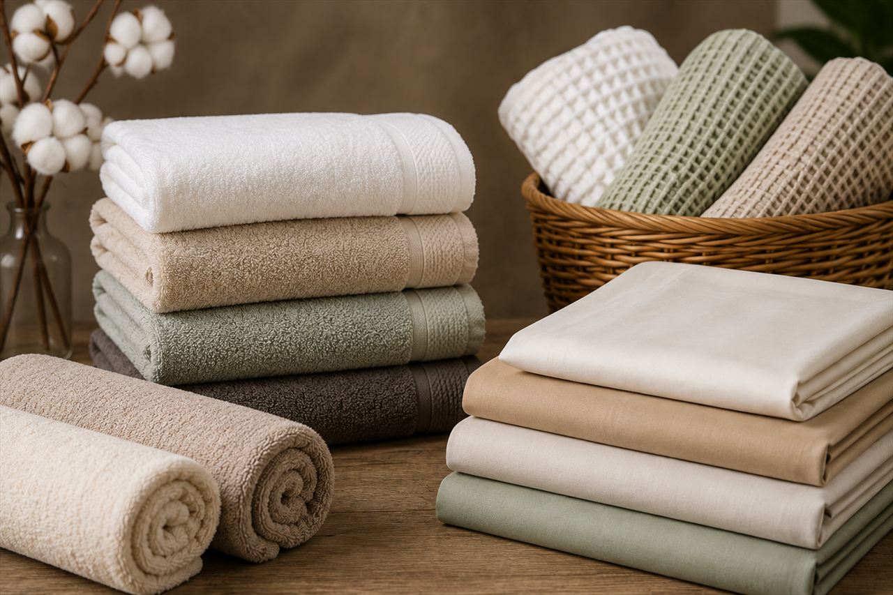 Folded cotton towels and bed linen stacked on a wooden table beside a woven basket.