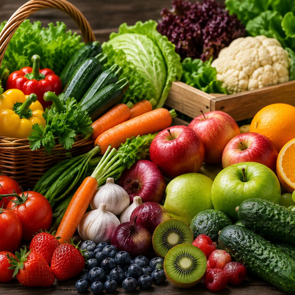Tomatoes, peppers, apples and leafy greens in a wicker basket.