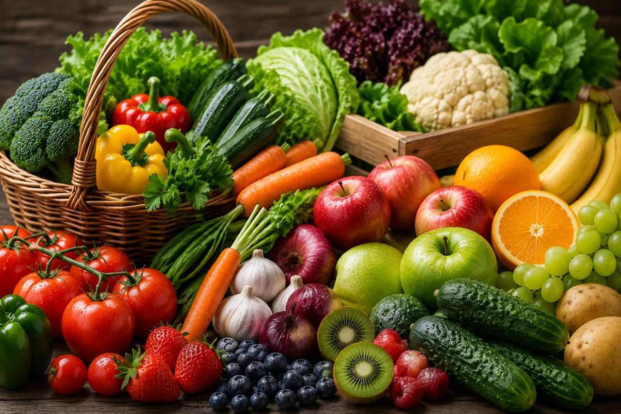 A basket of fresh vegetables surrounded by fruit including apples, oranges, grapes and berries.