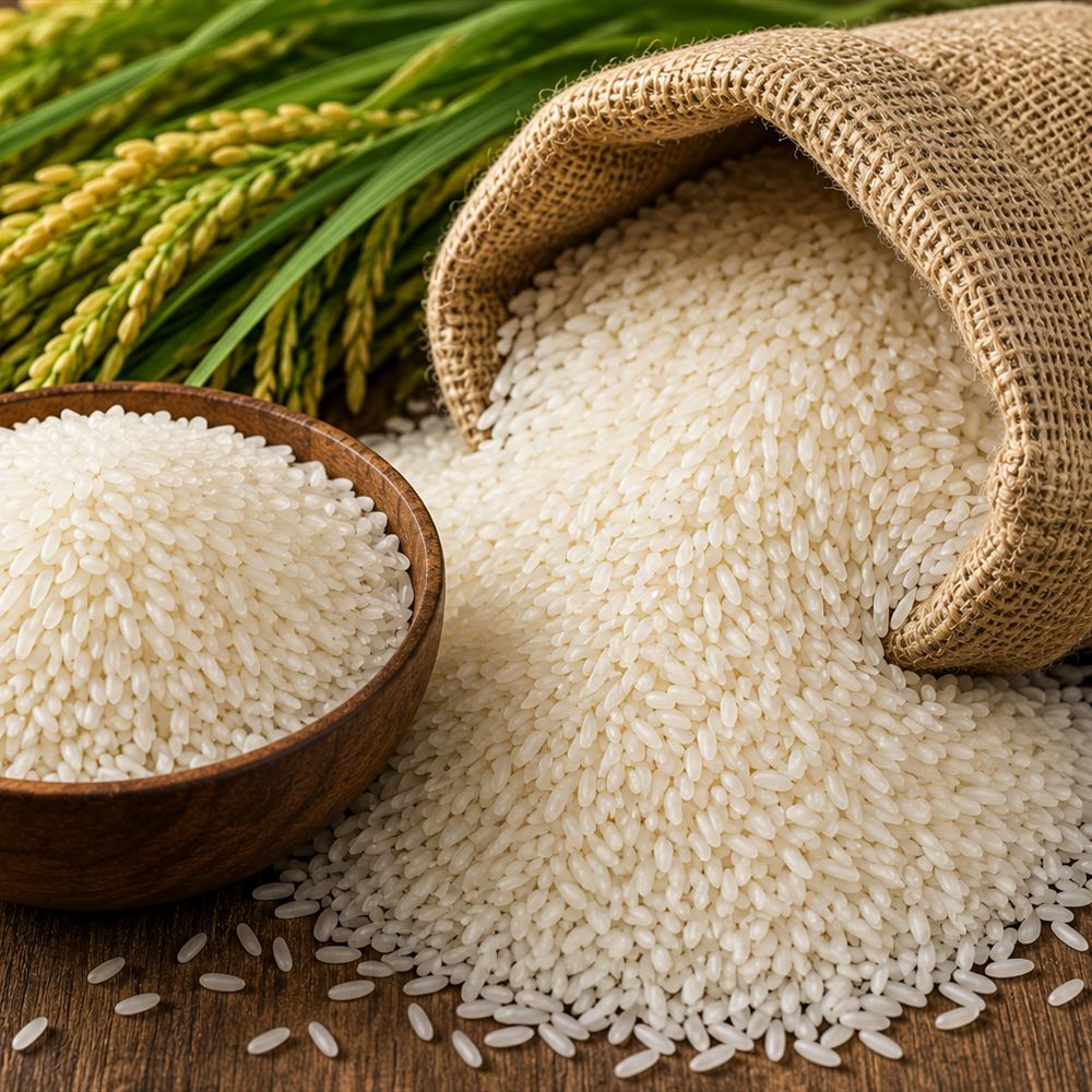 Milled white rice spilling from a jute sack onto a wooden surface.