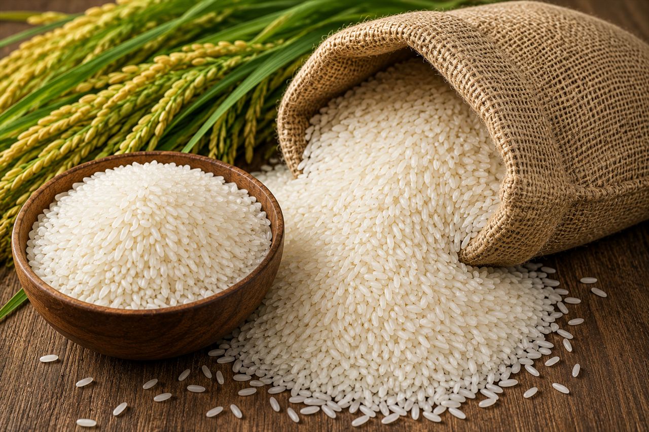 Milled white rice in a wooden bowl beside a jute sack of rice and fresh paddy stalks.