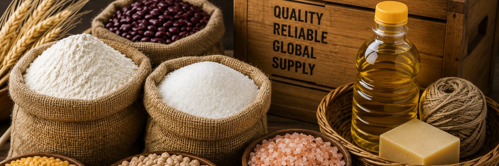 Sacks and bowls of flour, sugar, pulses, rice, spices, salt, oil and nuts on a wooden table.